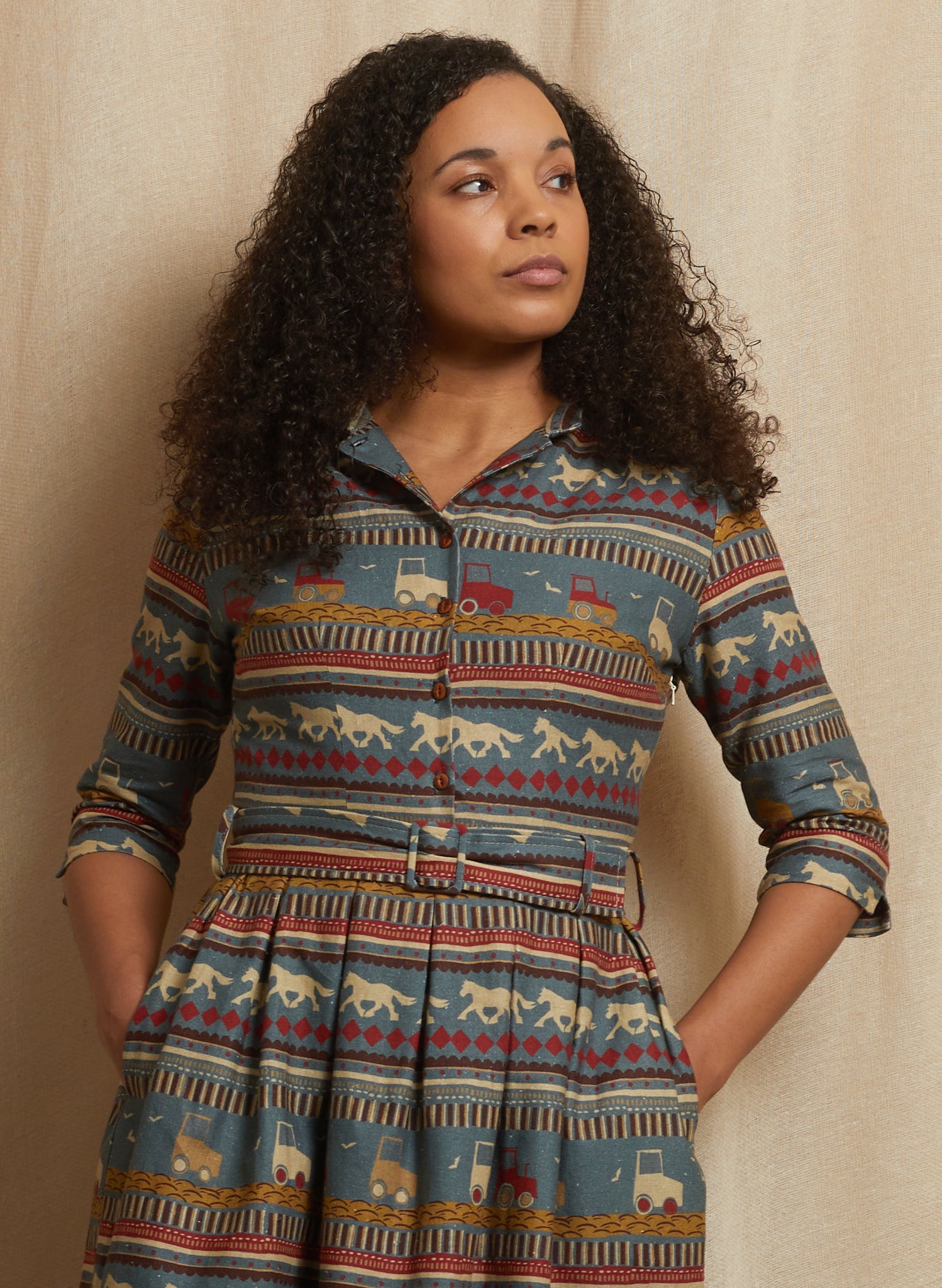 Cynthia - Teal Spinning Horses Dress