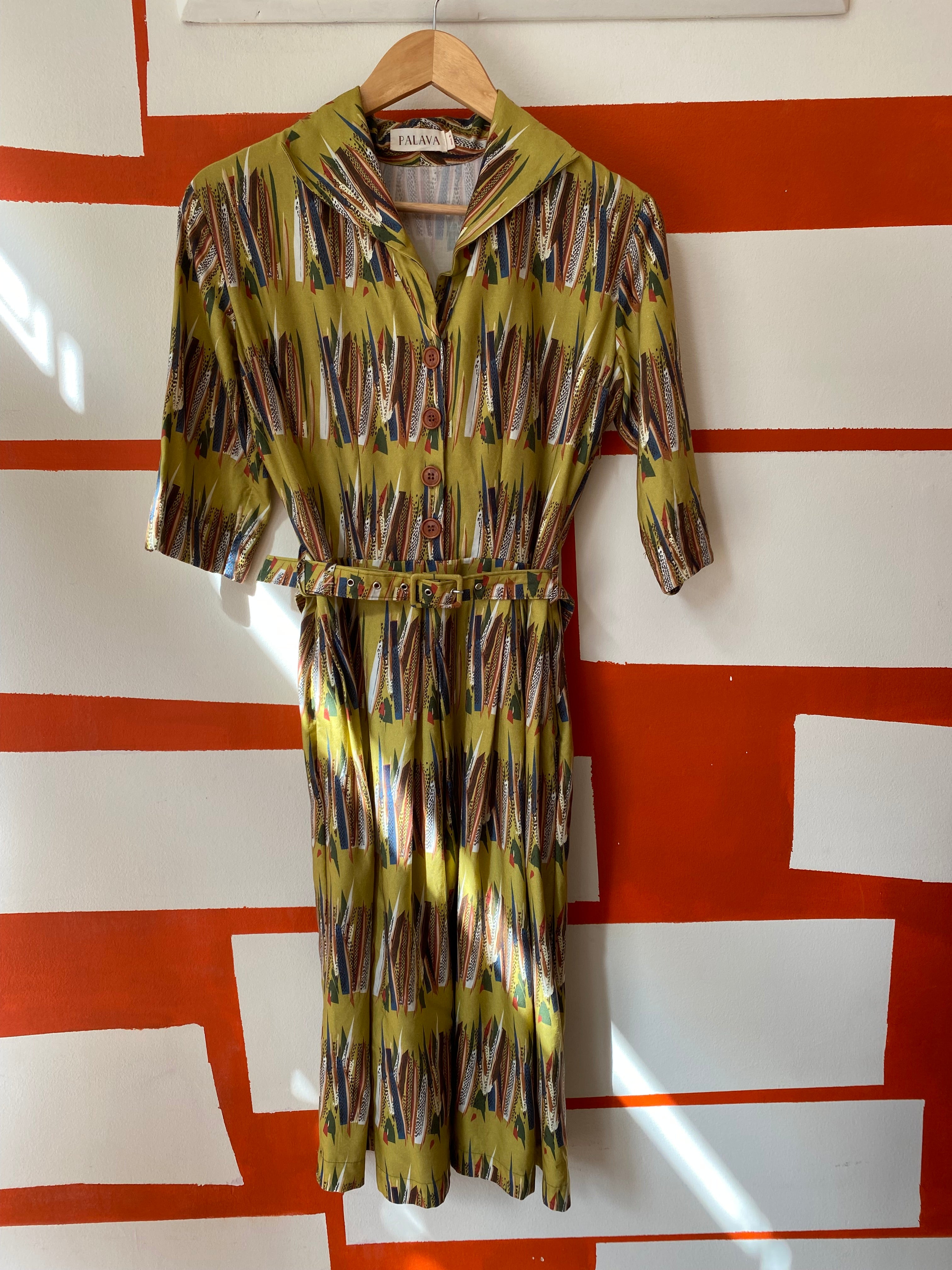 PRE LOVED - Ida Dress - Mustard Mid-Century Feather - Size 08