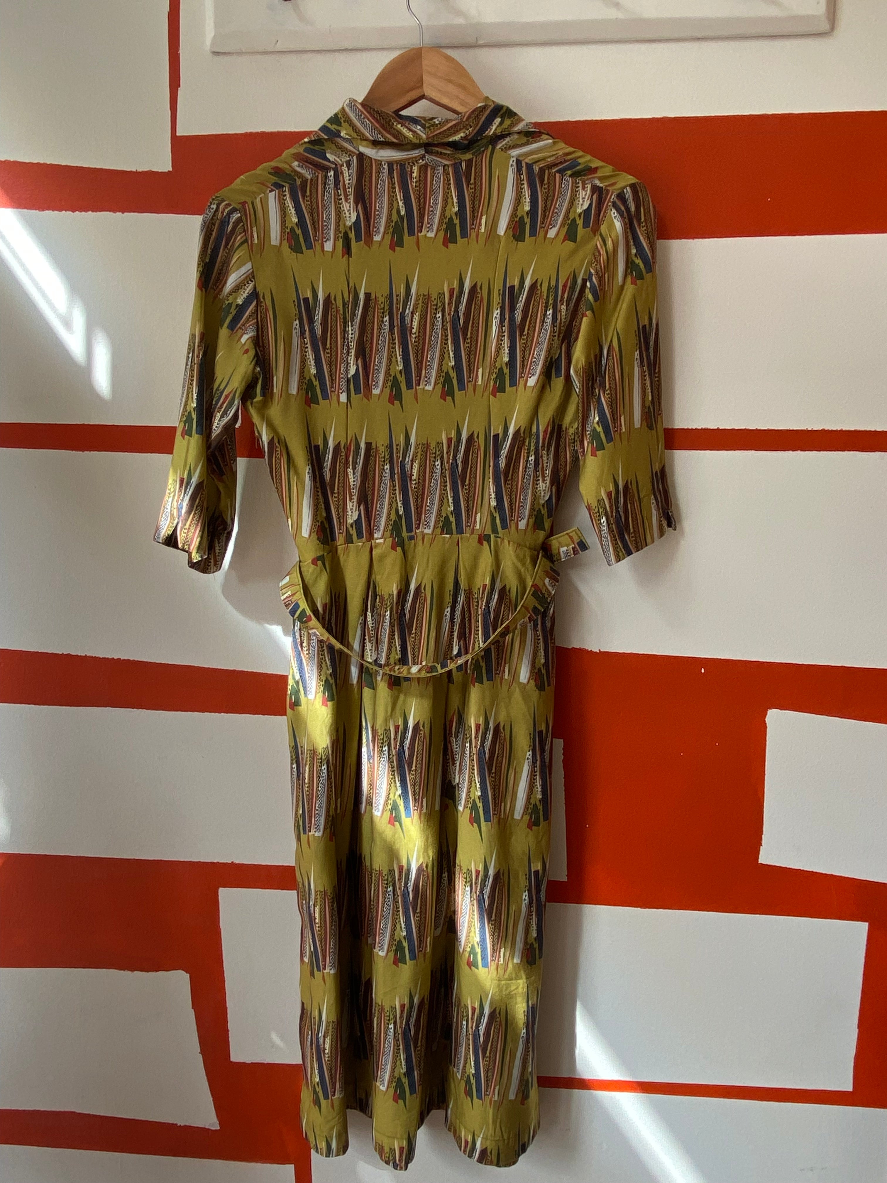 PRE LOVED - Ida Dress - Mustard Mid-Century Feather - Size 08