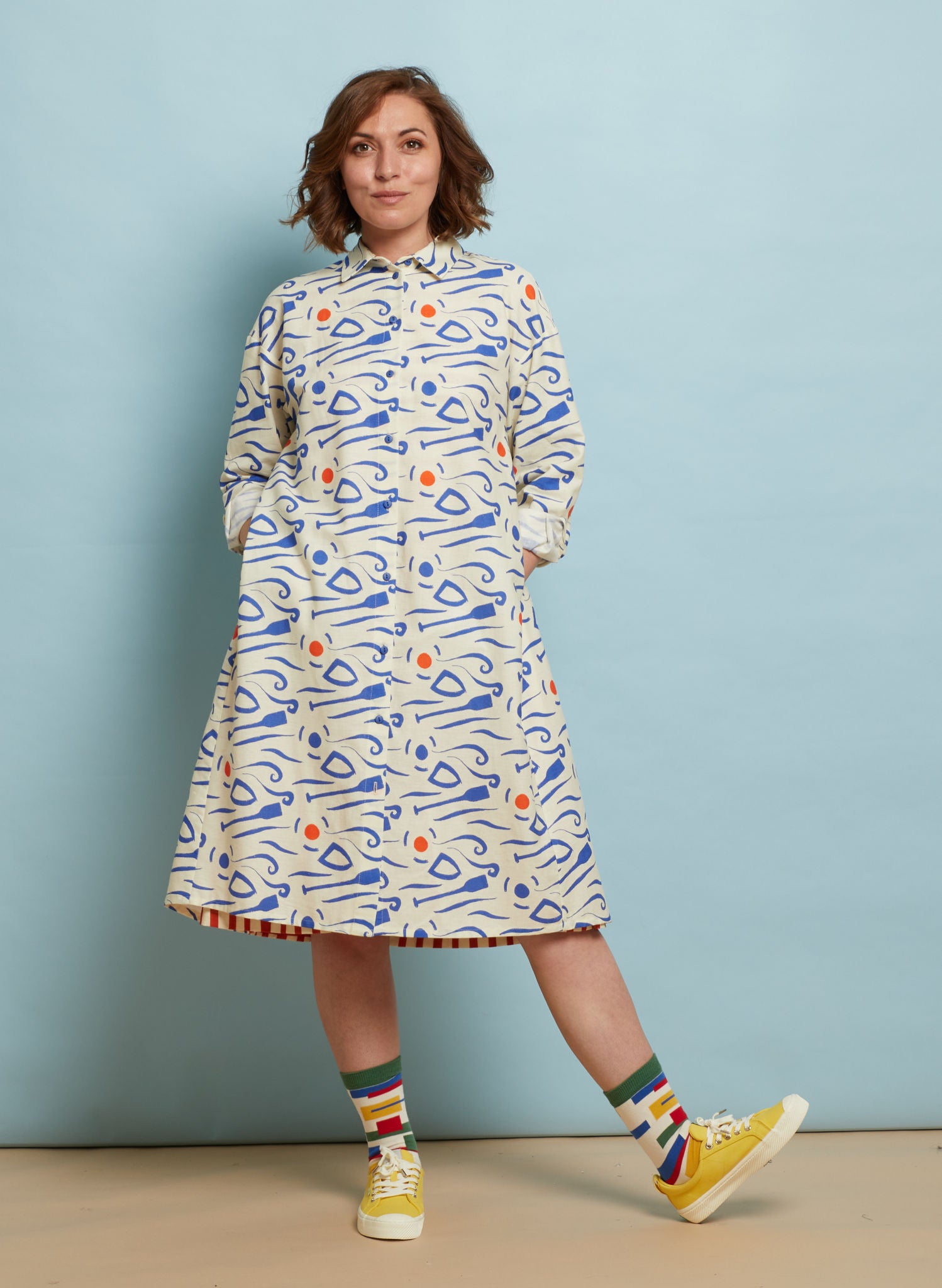 Long sleeve shirtdress bright blue red print on cream white background