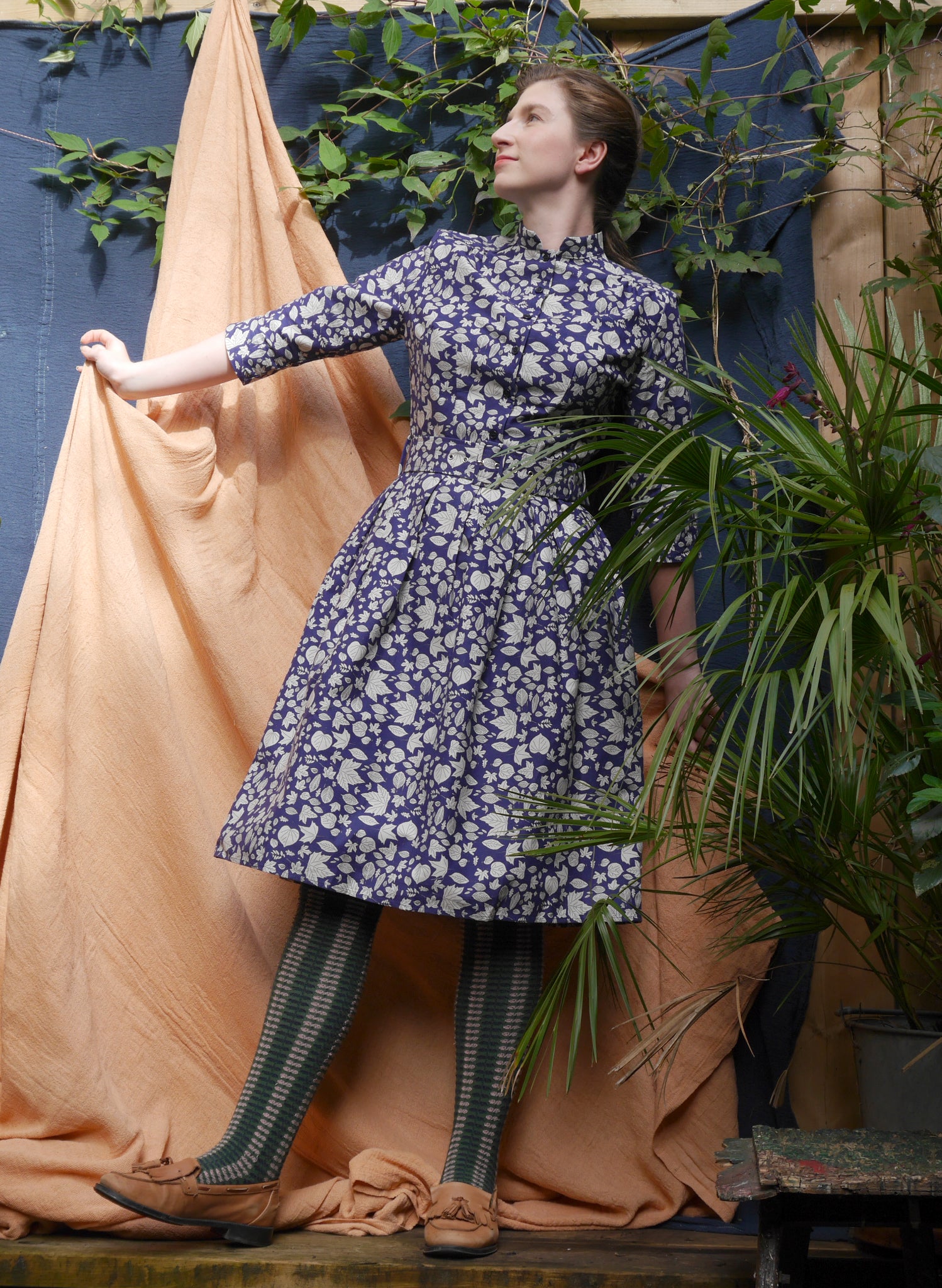 Cynthia Dress - Navy Autumn Leaves