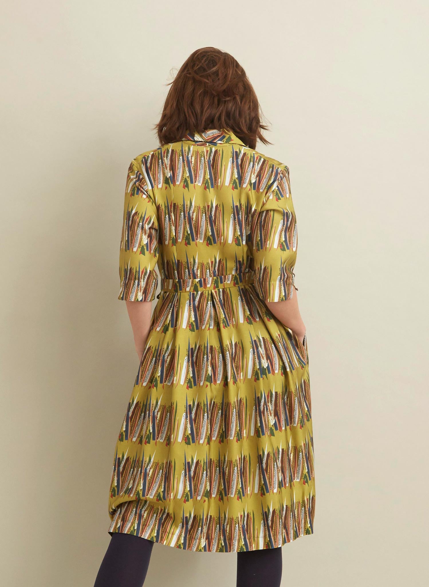 PRE LOVED - Ida Dress - Mustard Mid-Century Feather - Size 08
