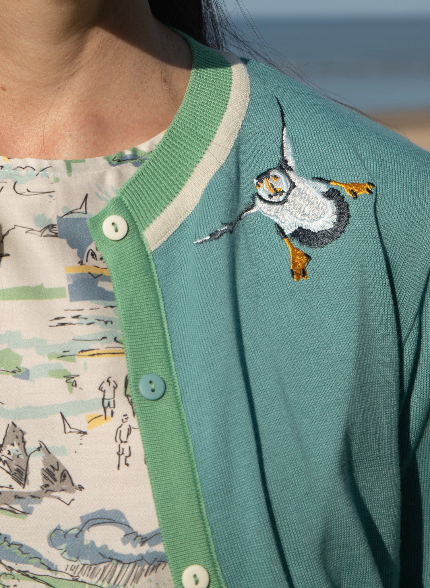 Vera Cardigan - Teal Puffins