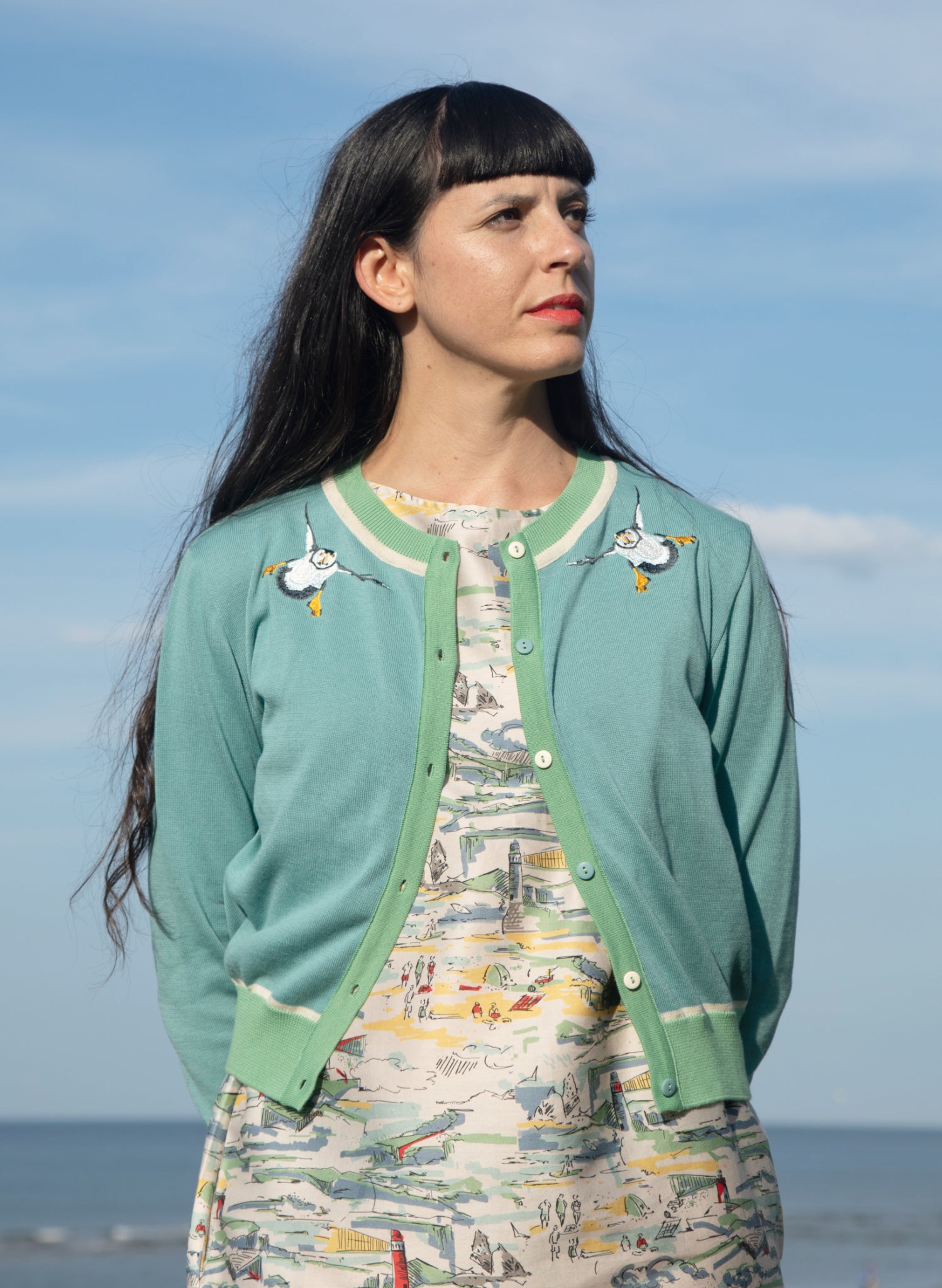 Vera Cardigan - Teal Puffins