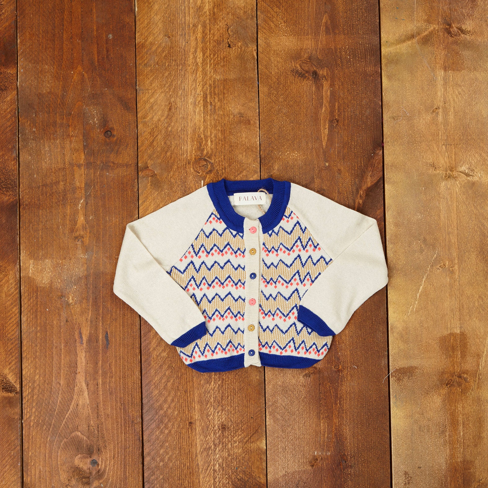 Cream & Blue Zig Zag Children's Cardigan | 100% Cotton | Palava