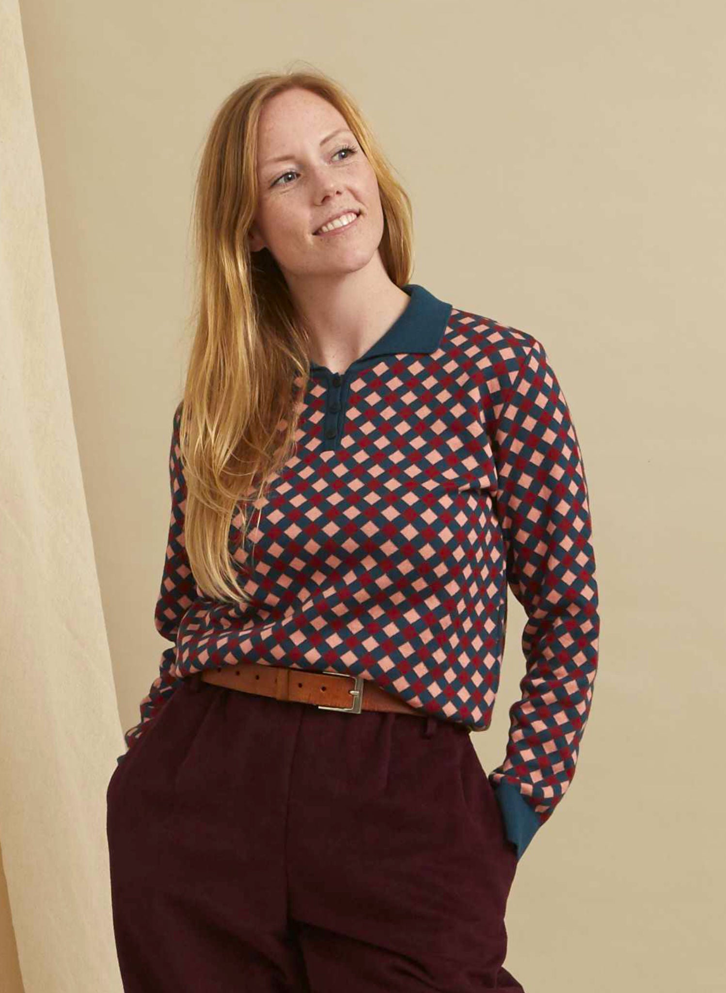 Aila Knitted Top - Teal Chequerboard