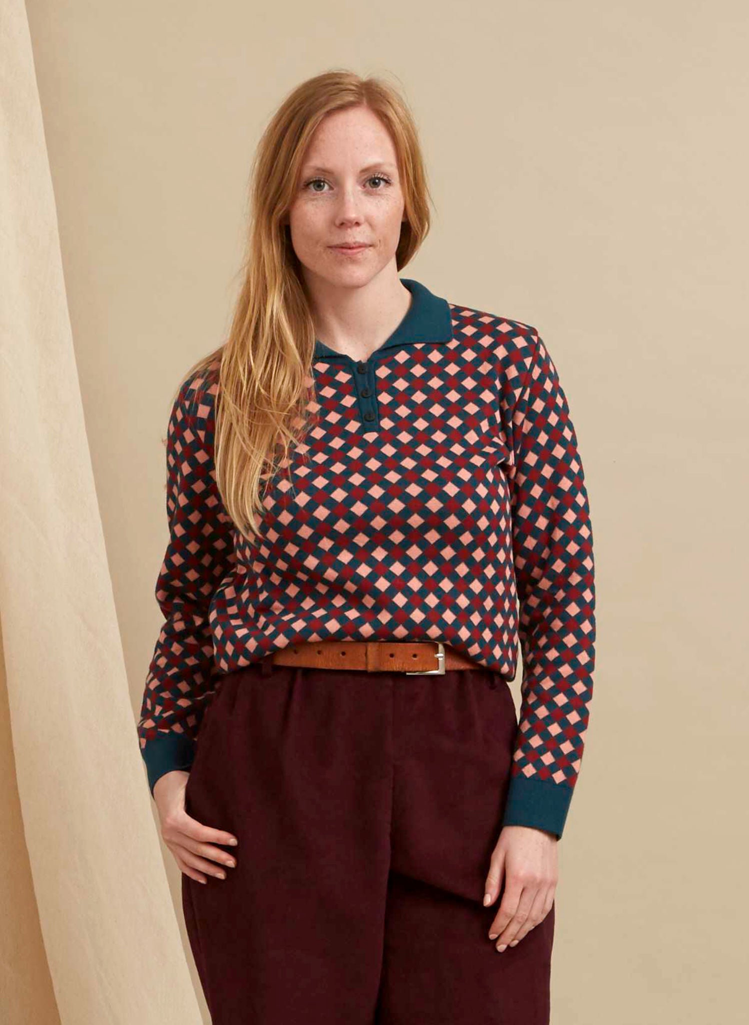 Aila Knitted Top - Teal Chequerboard