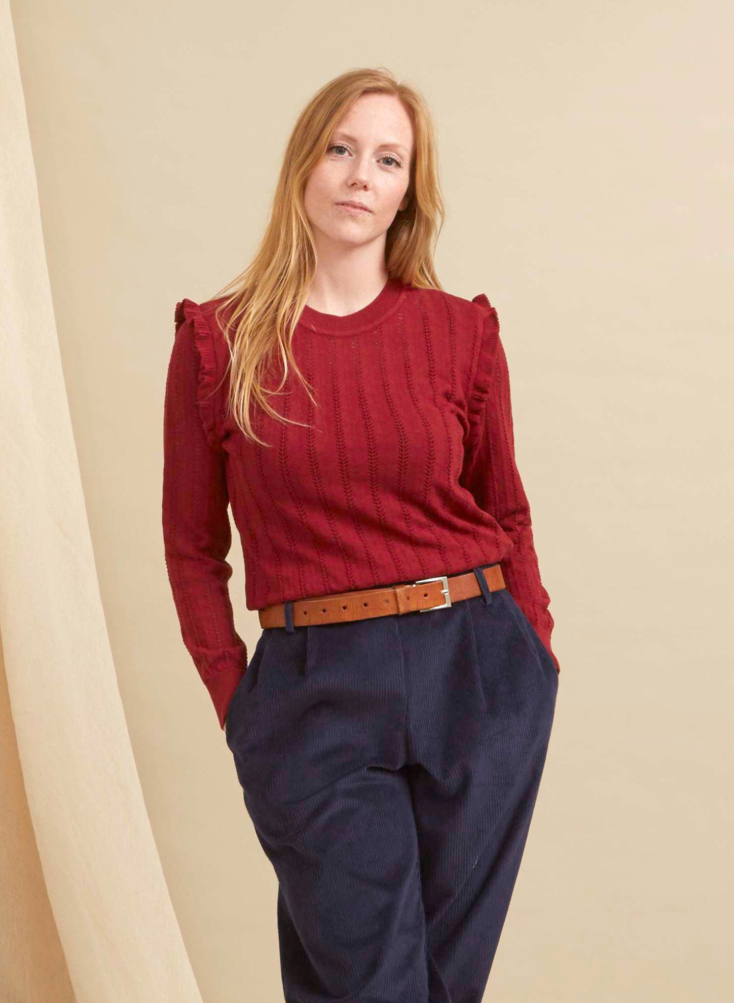 Diana - Knitted Cotton Top - Red Ruffle