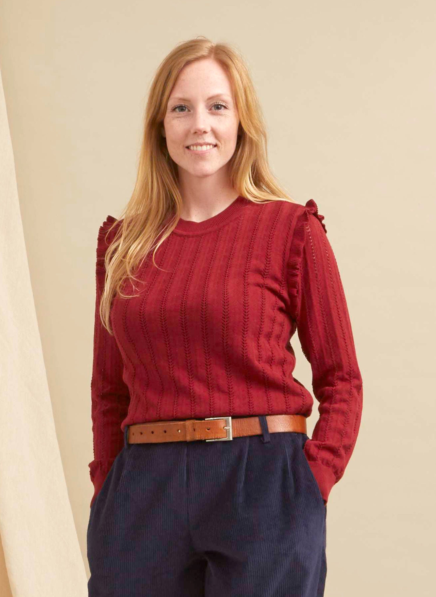 Diana - Knitted Cotton Top - Red Ruffle