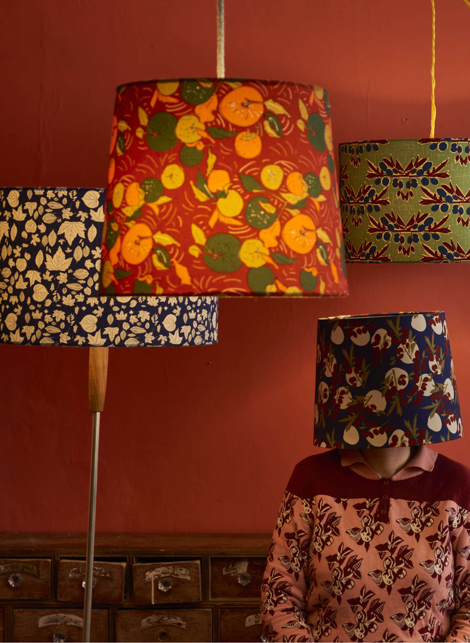 Drum Lampshade - Navy Autumn Leaves