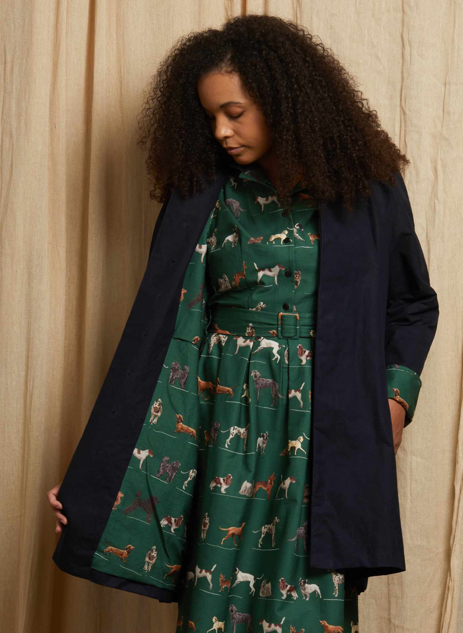 Heritage - Navy Trench Coat - Green Porcelain Dogs Lining