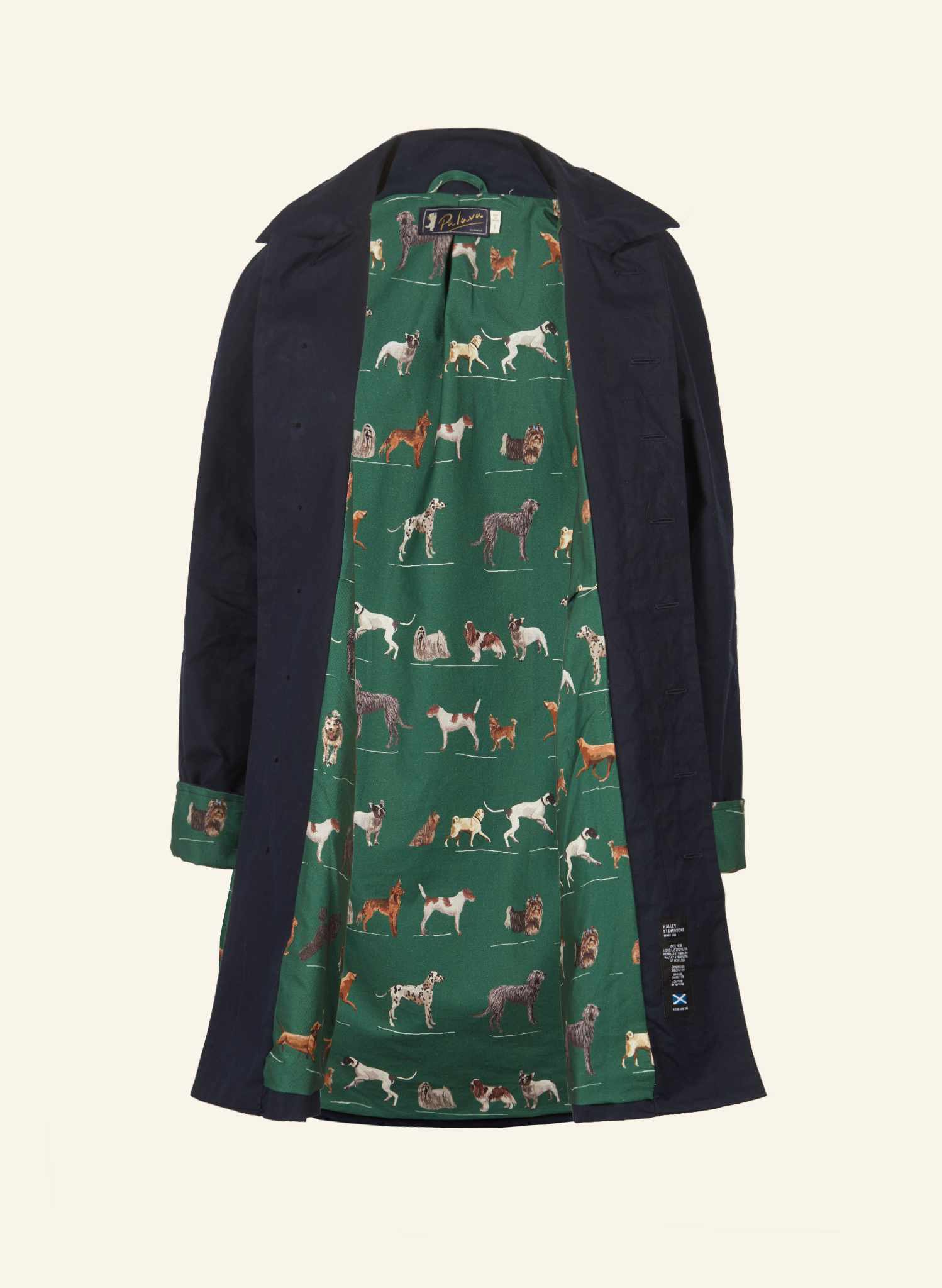 Heritage - Navy Trench Coat - Green Porcelain Dogs Lining