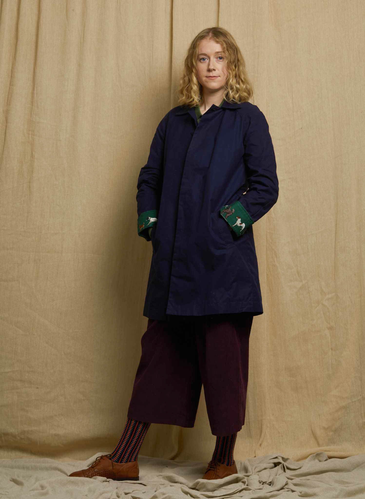 Heritage - Navy Trench Coat - Green Porcelain Dogs Lining