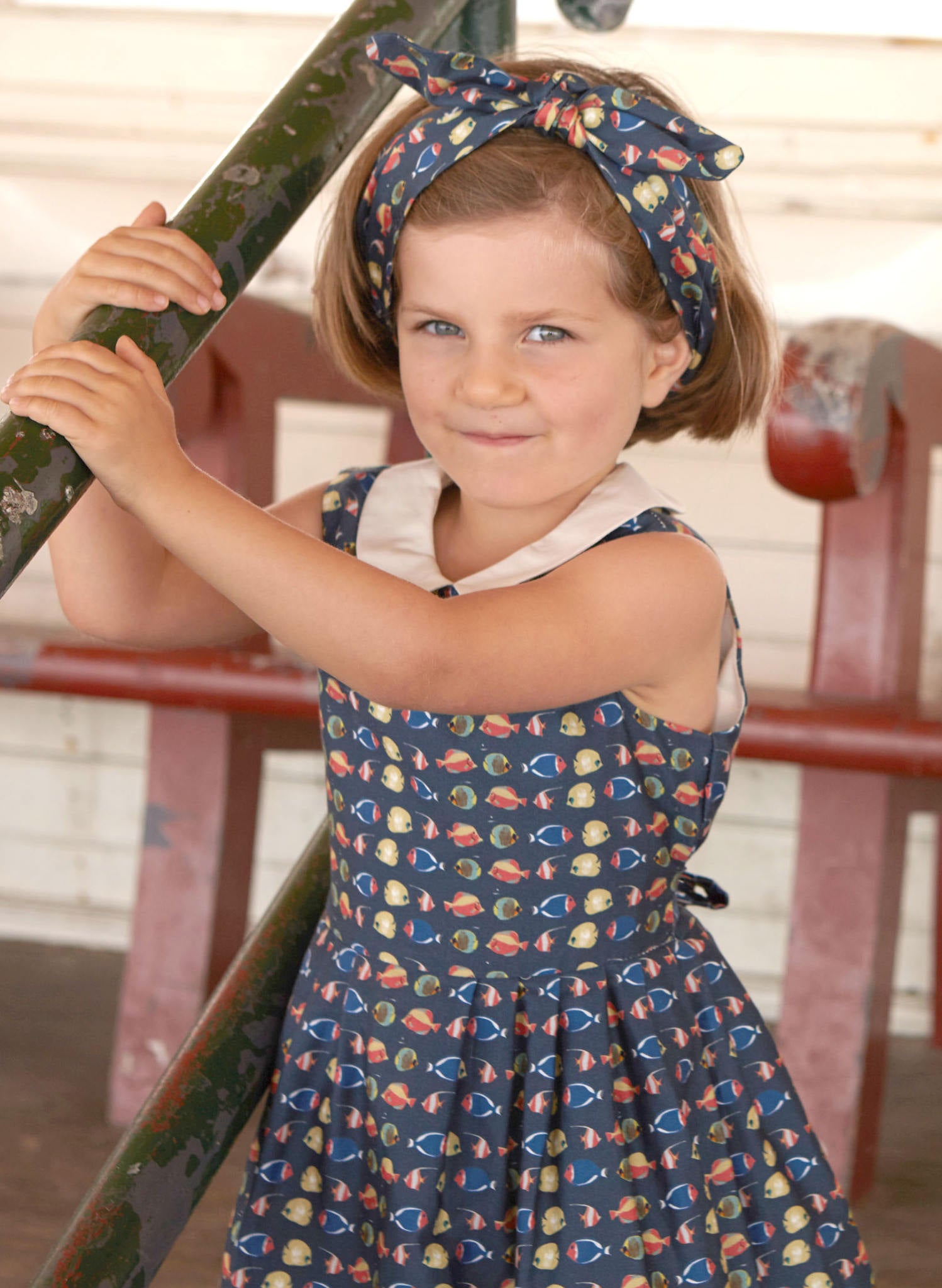 Penny Girl's Dress - Navy Tropical Fish