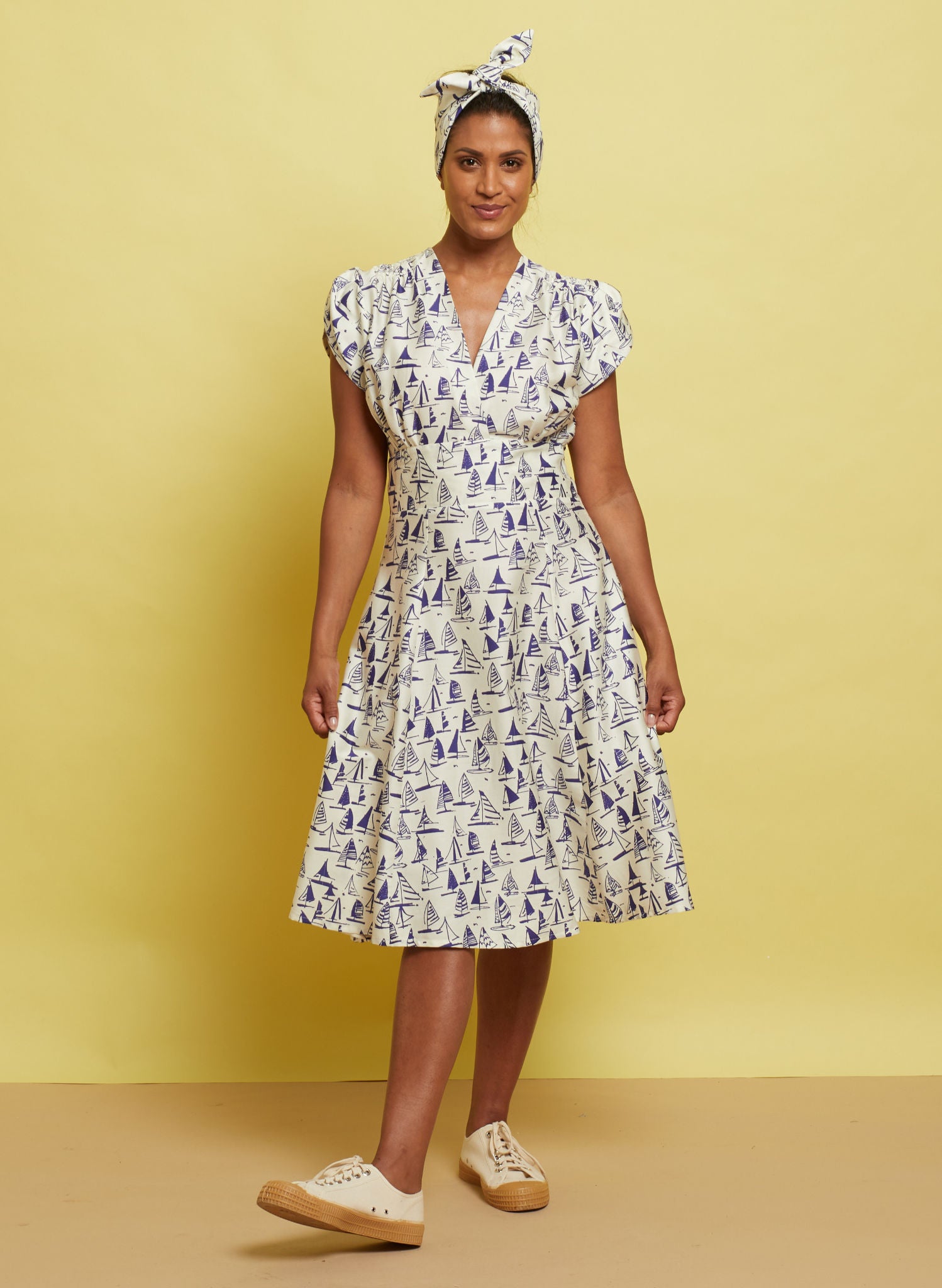 V-Neck Knee-Length Sailboats Dress | TENCEL™ | Made in UK