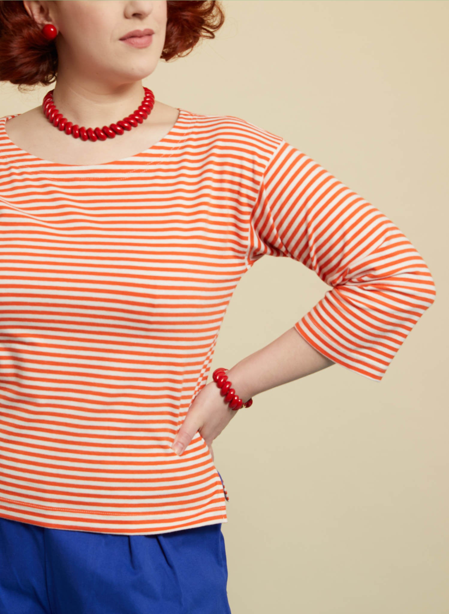 Women's Orange Striped 3/4 Sleeves Top | 100% Organic Cotton | Made in UK