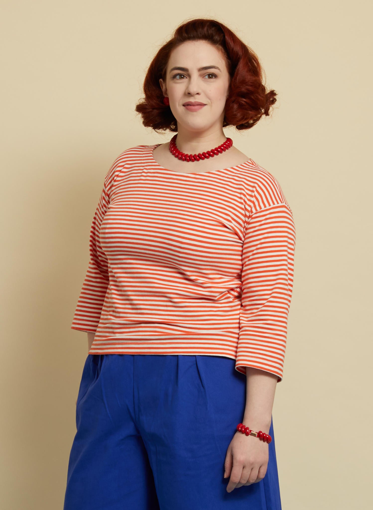 Women's Orange Striped 3/4 Sleeves Top | 100% Organic Cotton | Made in UK