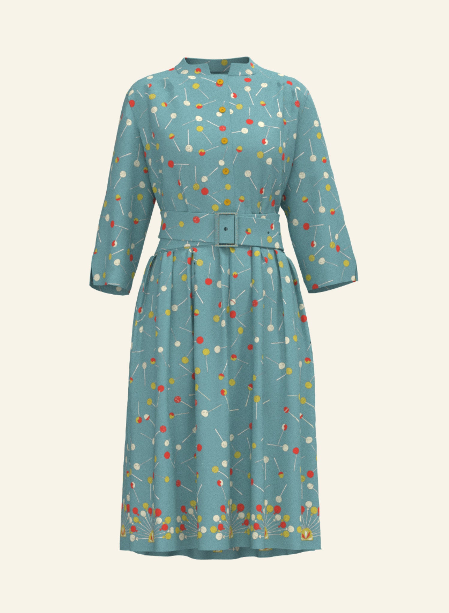 organic cotton sage lollipop print knee-length belted shirt dress with 3/4 length sleeves and pockets