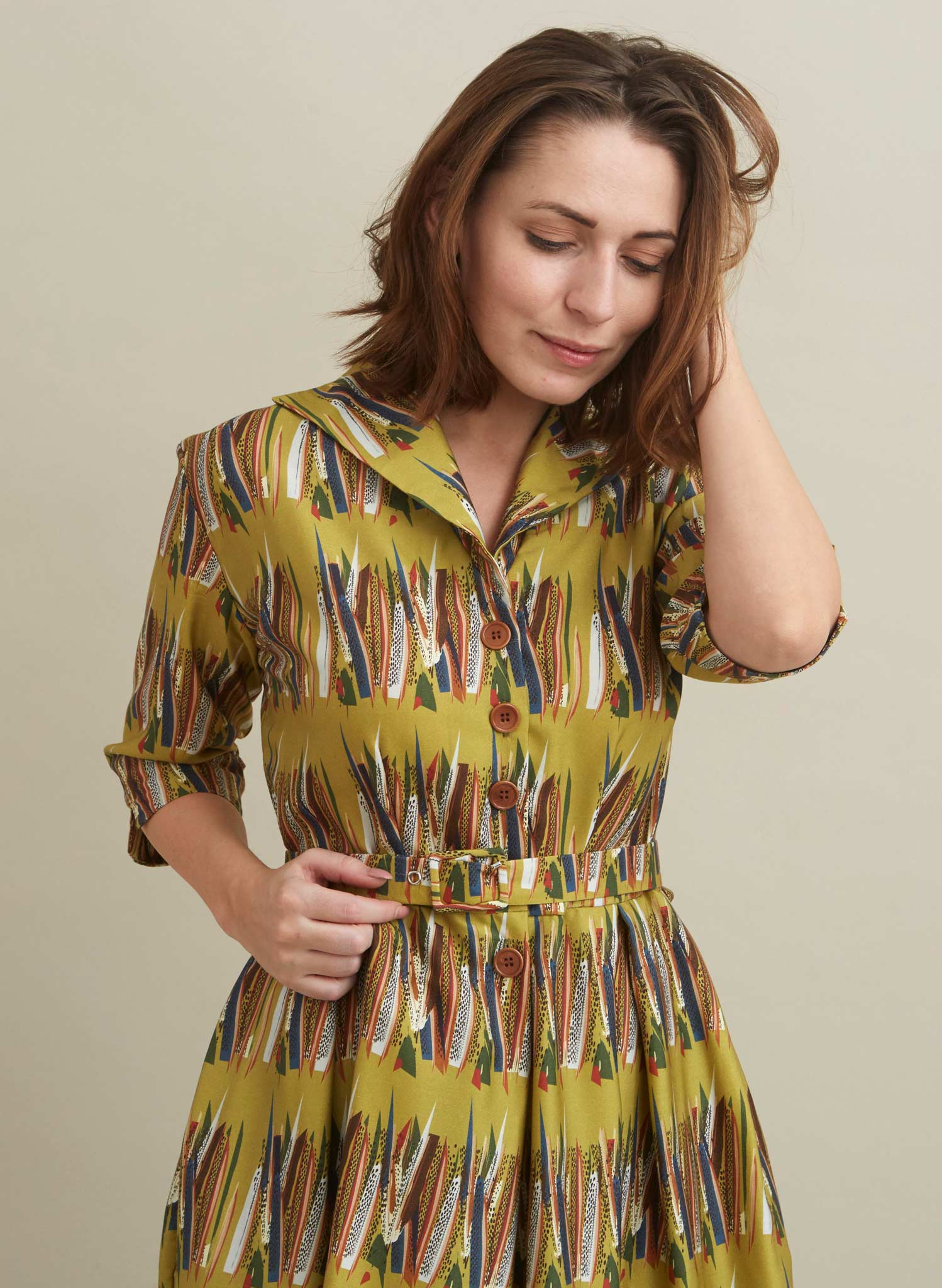 PRE LOVED - Ida Dress - Mustard Mid-Century Feather - Size 08