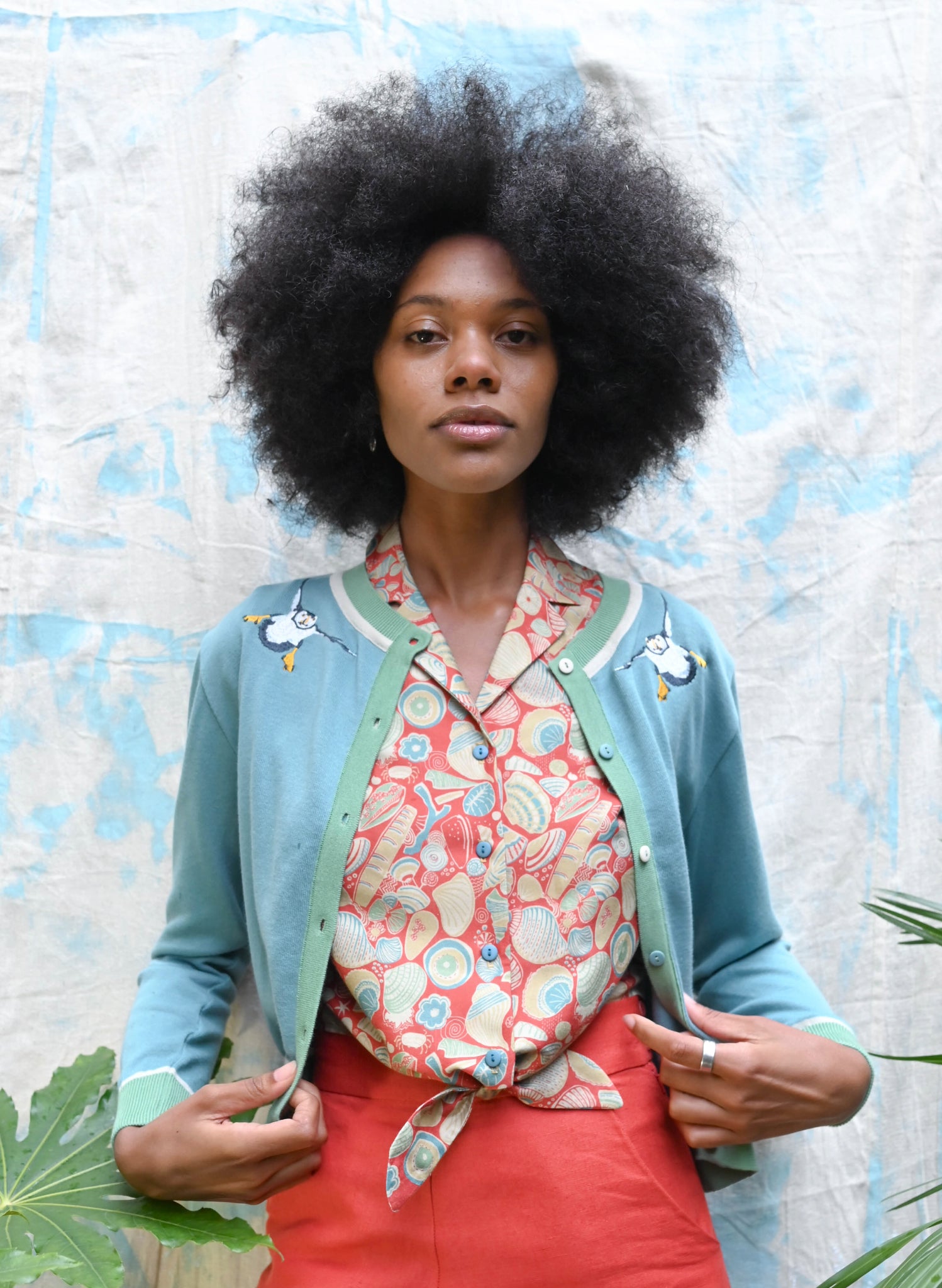 Vera Cardigan - Teal Puffins