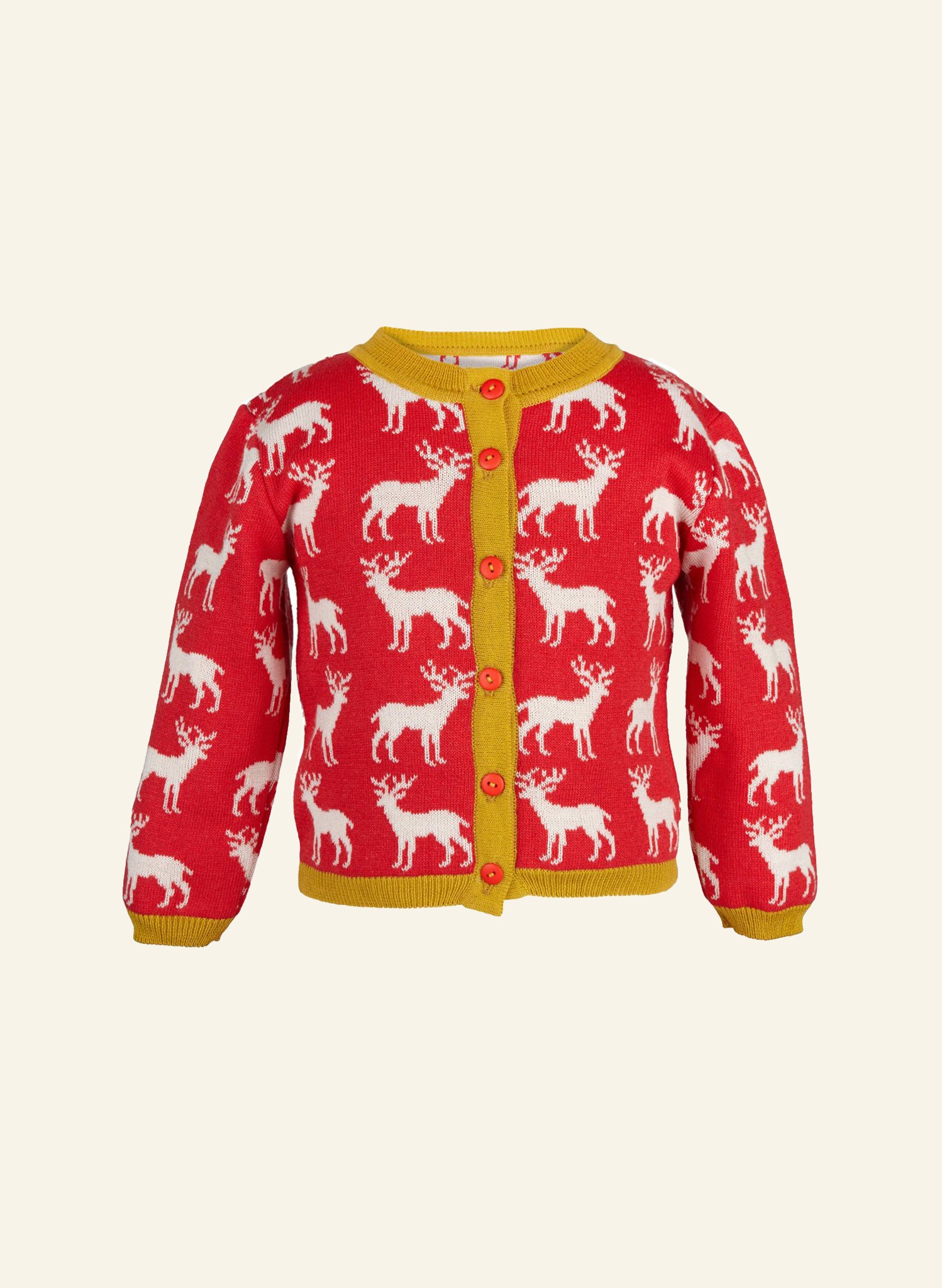 Children's Reindeer Print Cardigan in Red | 100% Organic Cotton | UK