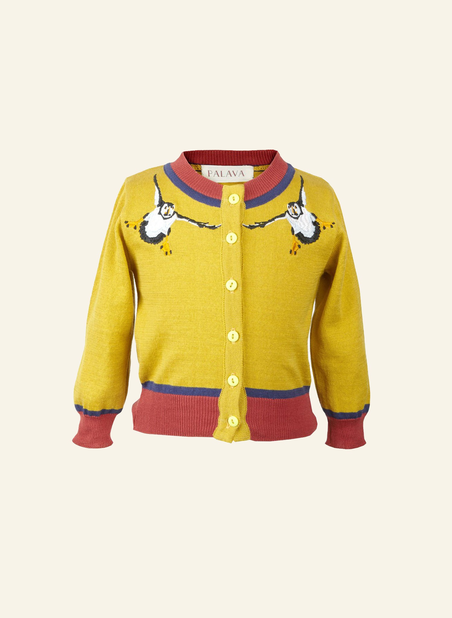 Children's Organic Cotton Cardigan in Mustard | Puffins Print | UK