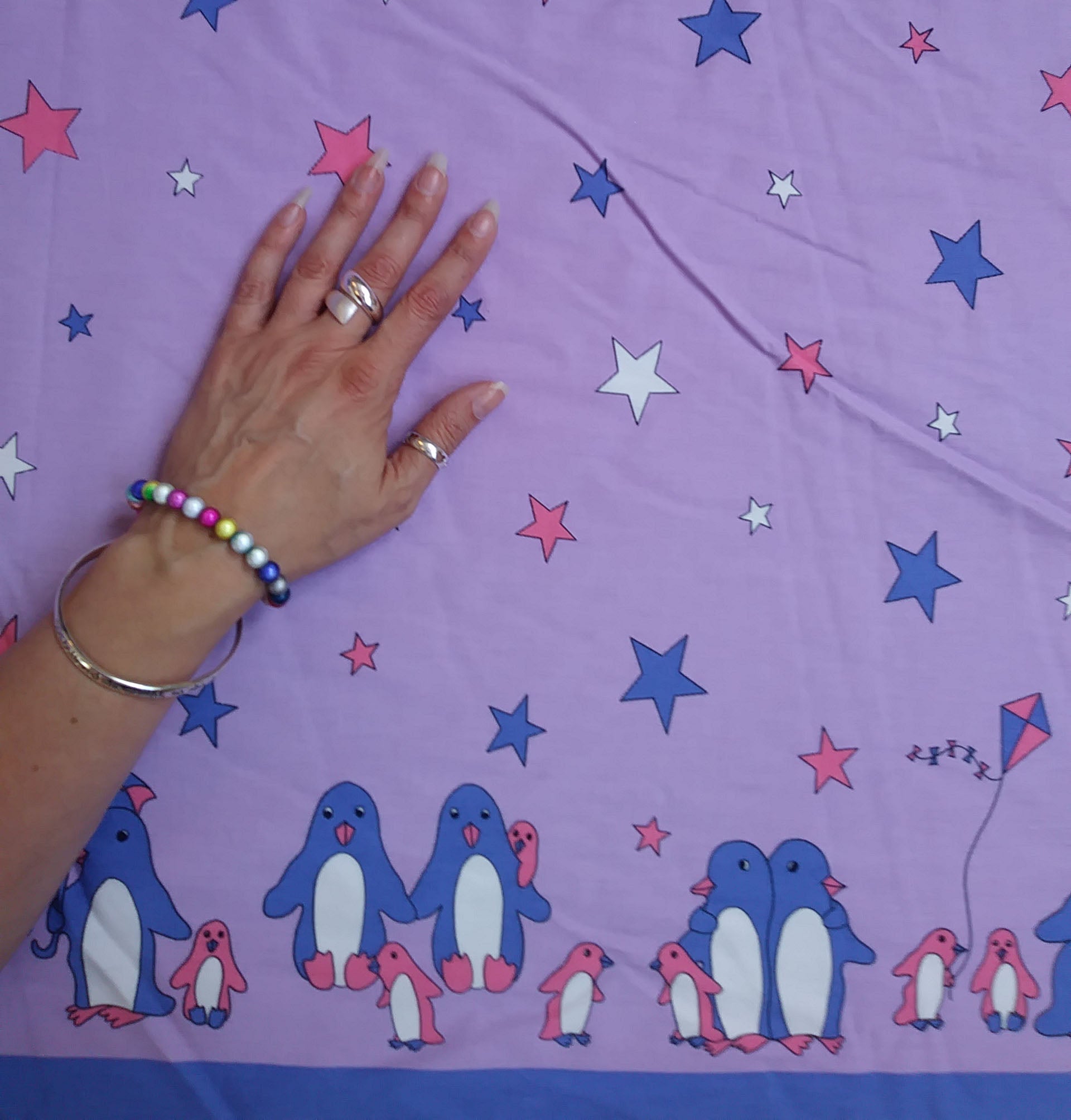 Remnant  - 2m - Purple Penguin Fabric - Cotton twill Fabric