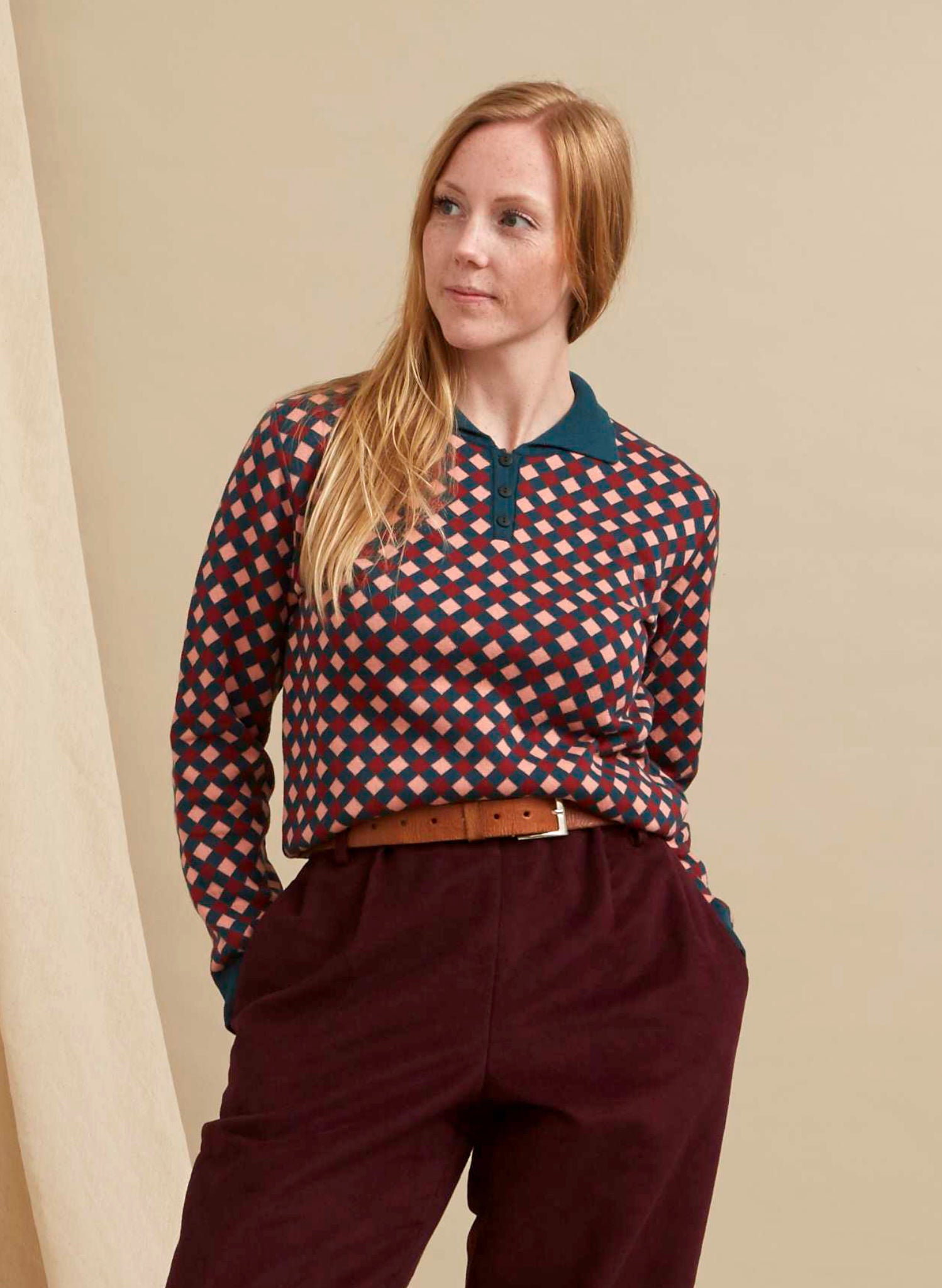 Aila Knitted Top - Teal Chequerboard