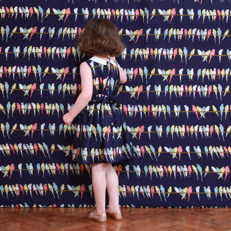 Navy Budgies Print Children's Dress | 100% Organic Cotton | UK