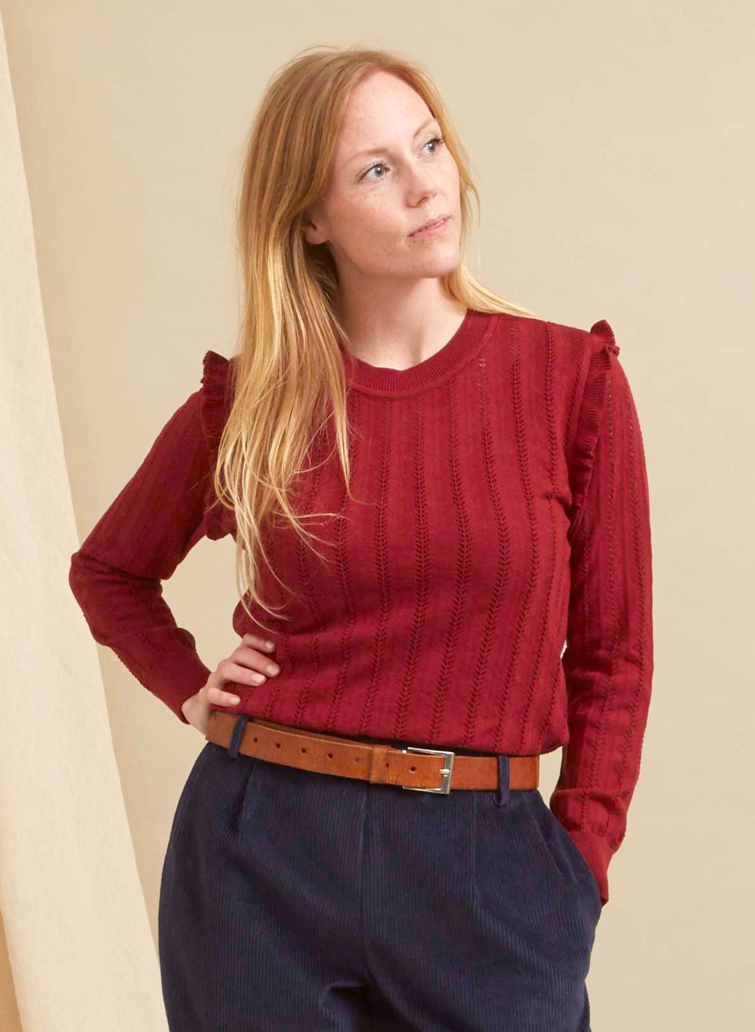 Diana - Knitted Cotton Top - Red Ruffle