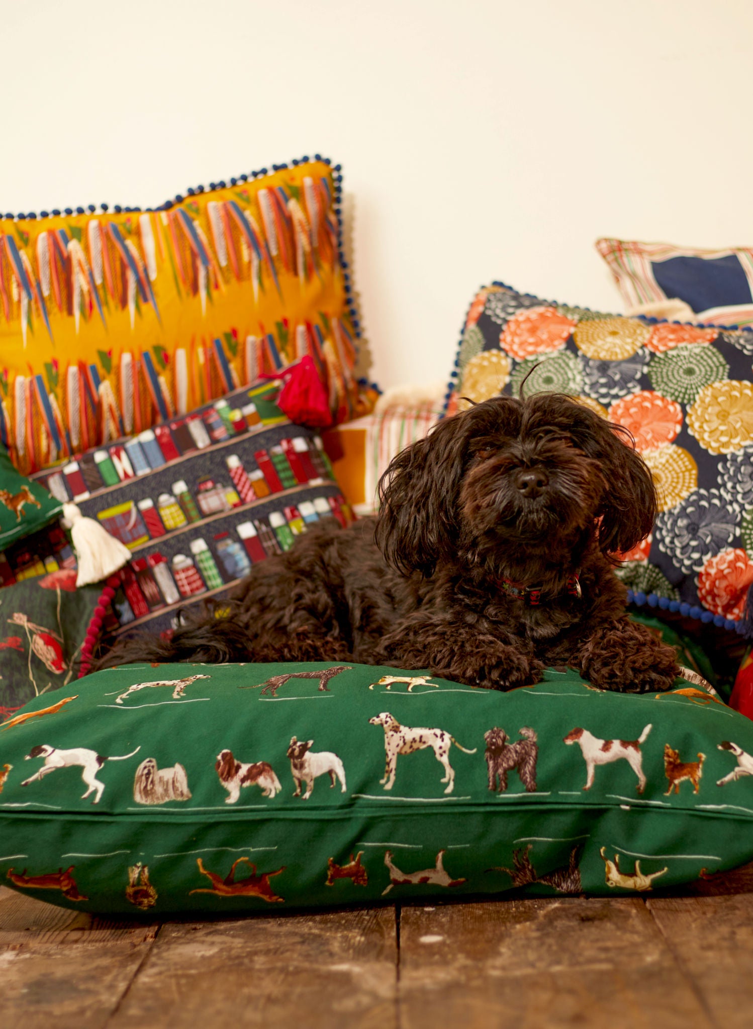 Large Cushion Cover - Green Porcelain Dogs