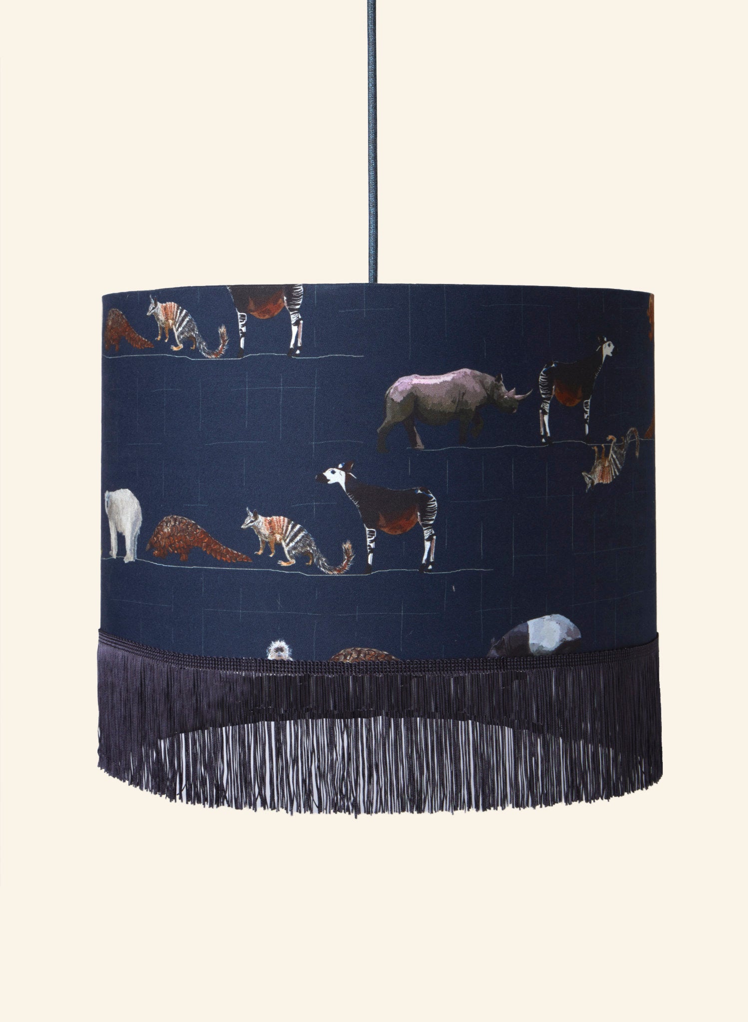 Drum Fringe Lampshade - Navy Endangered Animals