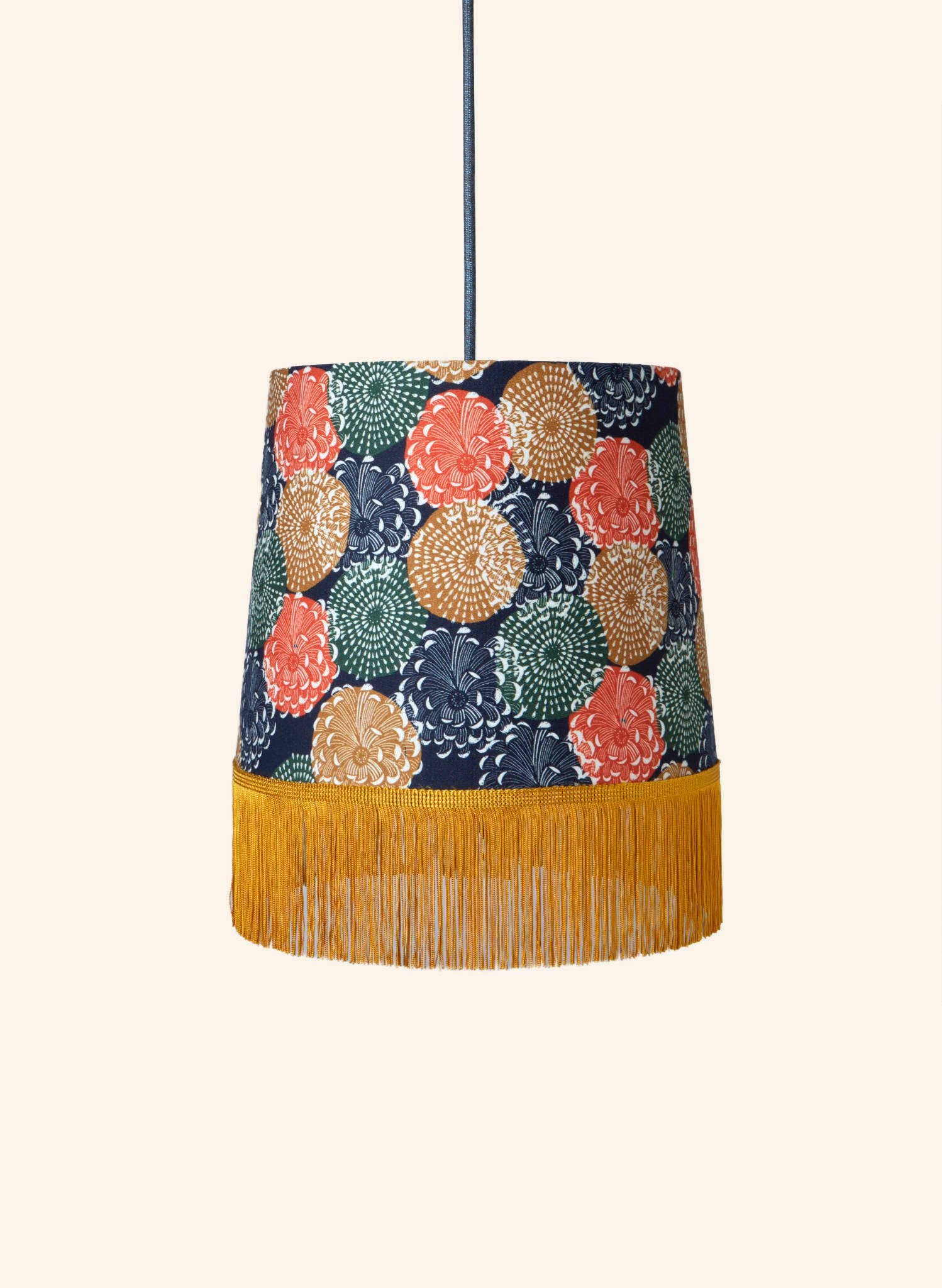 Empire Fringe Lampshade - Navy Pinecones