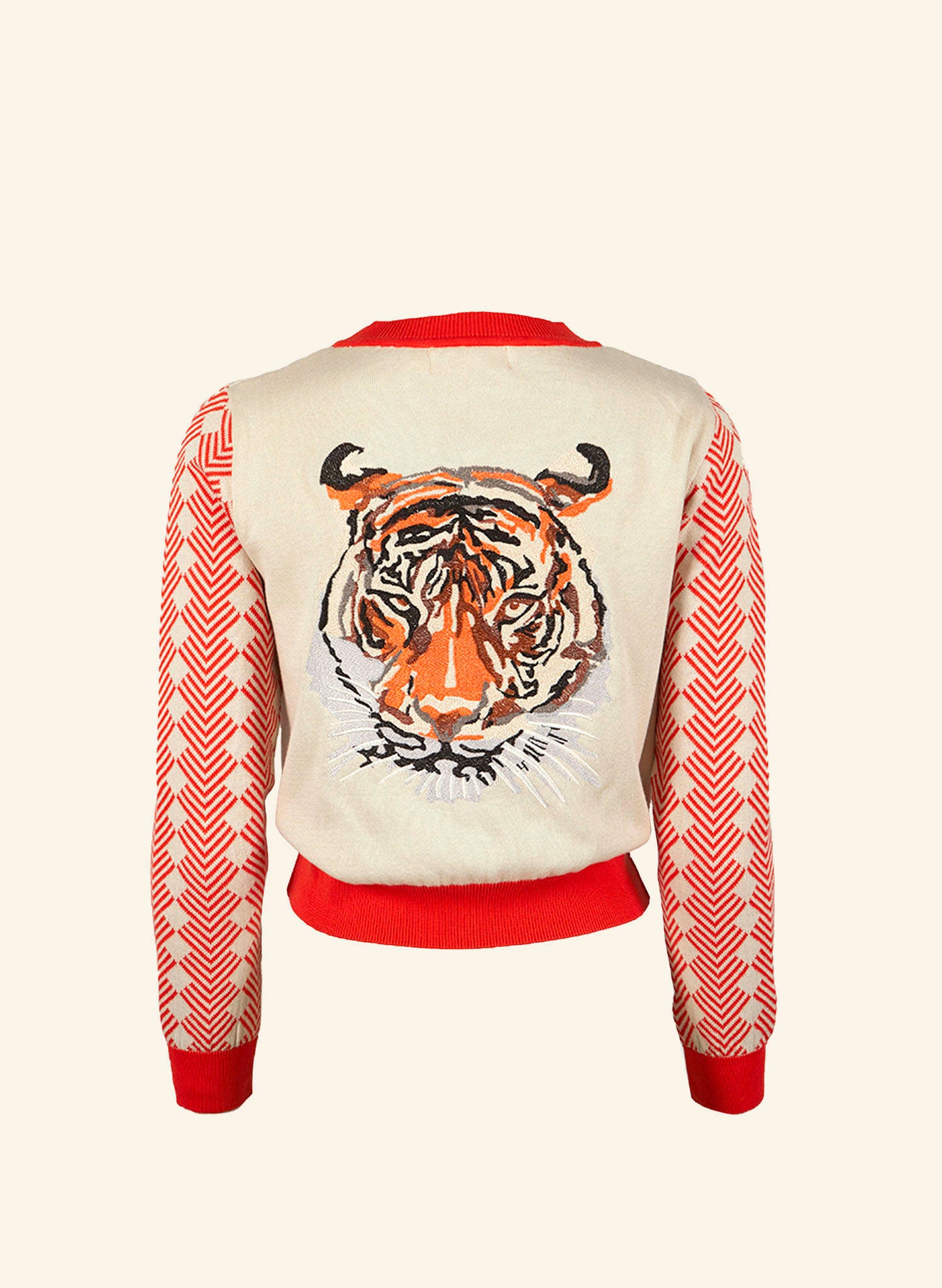 Vera Full Length Sleeve Cardigan - Cream/Red Large Tiger